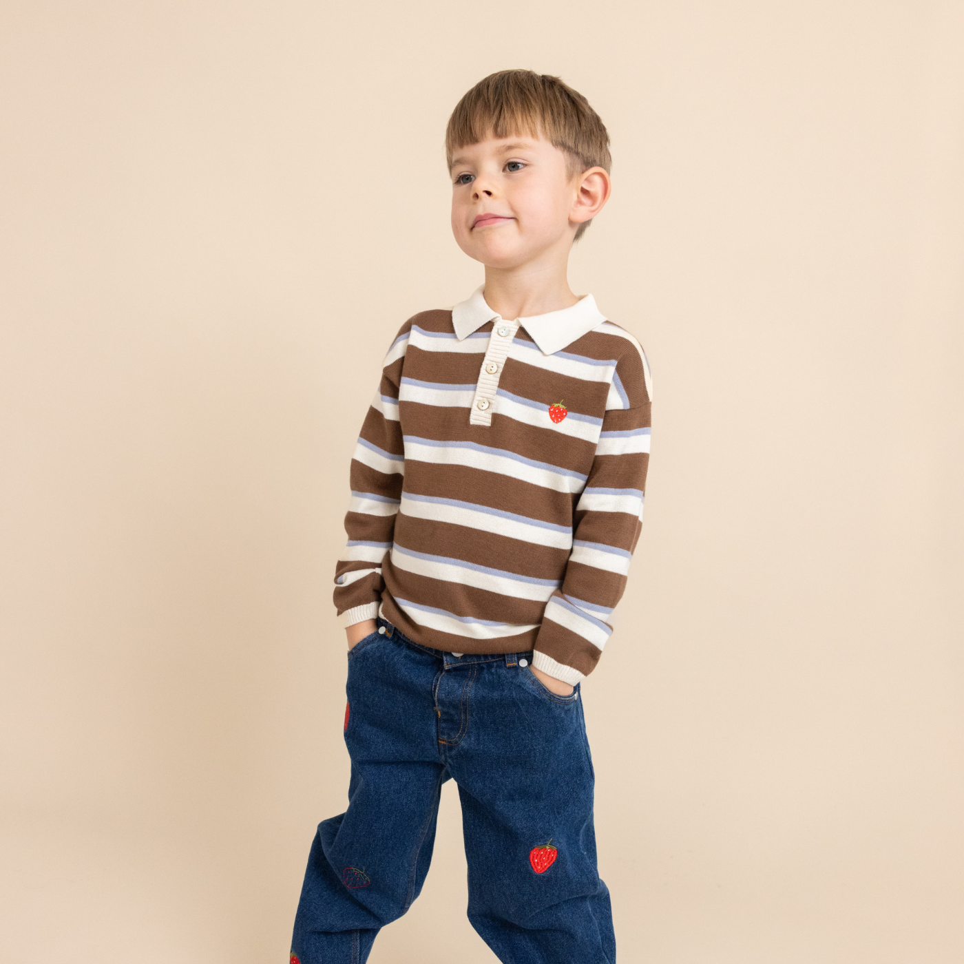 Gebreide polo sweater Elias – Coffee/Air Stripe – 100% katoen – Flöss