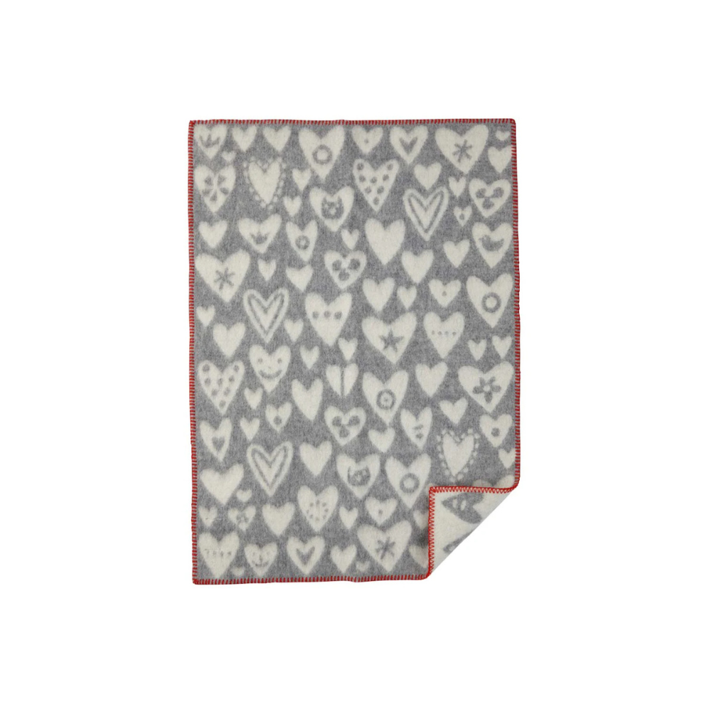 Wiegdekentje hartjes - 65x90 cm - Biologisch wol - Baby heart grey/white - Klippan