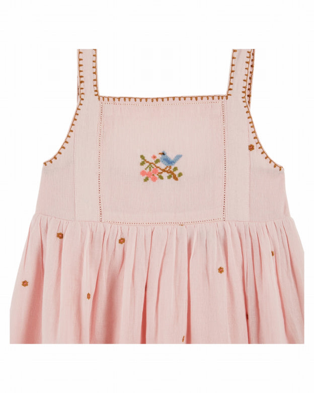 Jurkje - Robe Brodee Fleurs - Biologisch katoen - Macaron/roze - Emile et Ida close up