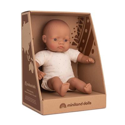 Miniland - Babypop Latin met zacht lijfje - 32 cm -100% ftalaat vrij vinyl - in doos