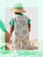 Linnen jumpsuit met krabprint - Ecru - 100% linnen - Play Up - kind met zonnehoed