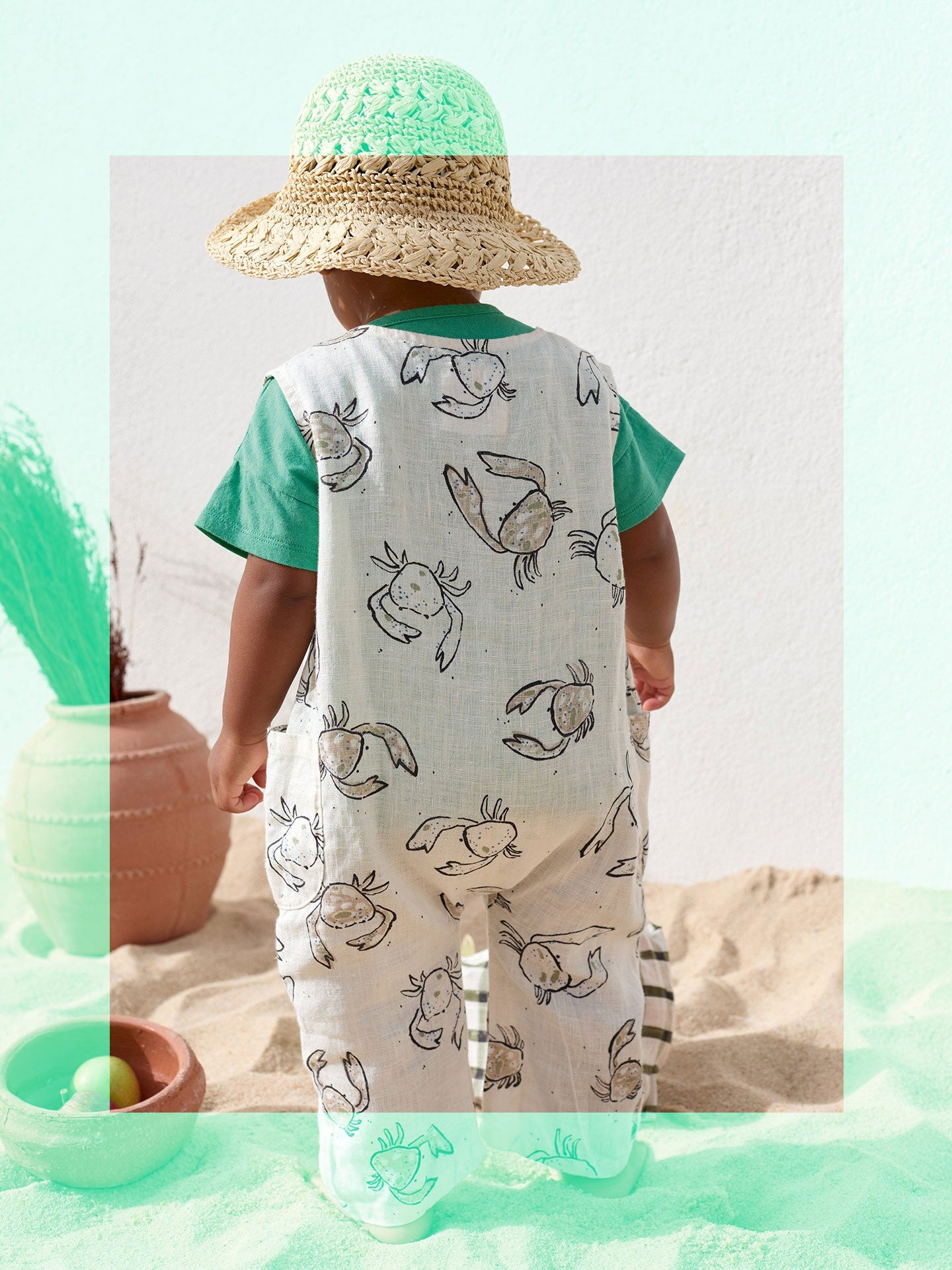 Linnen jumpsuit met krabprint - Ecru - 100% linnen - Play Up - kind met zonnehoed