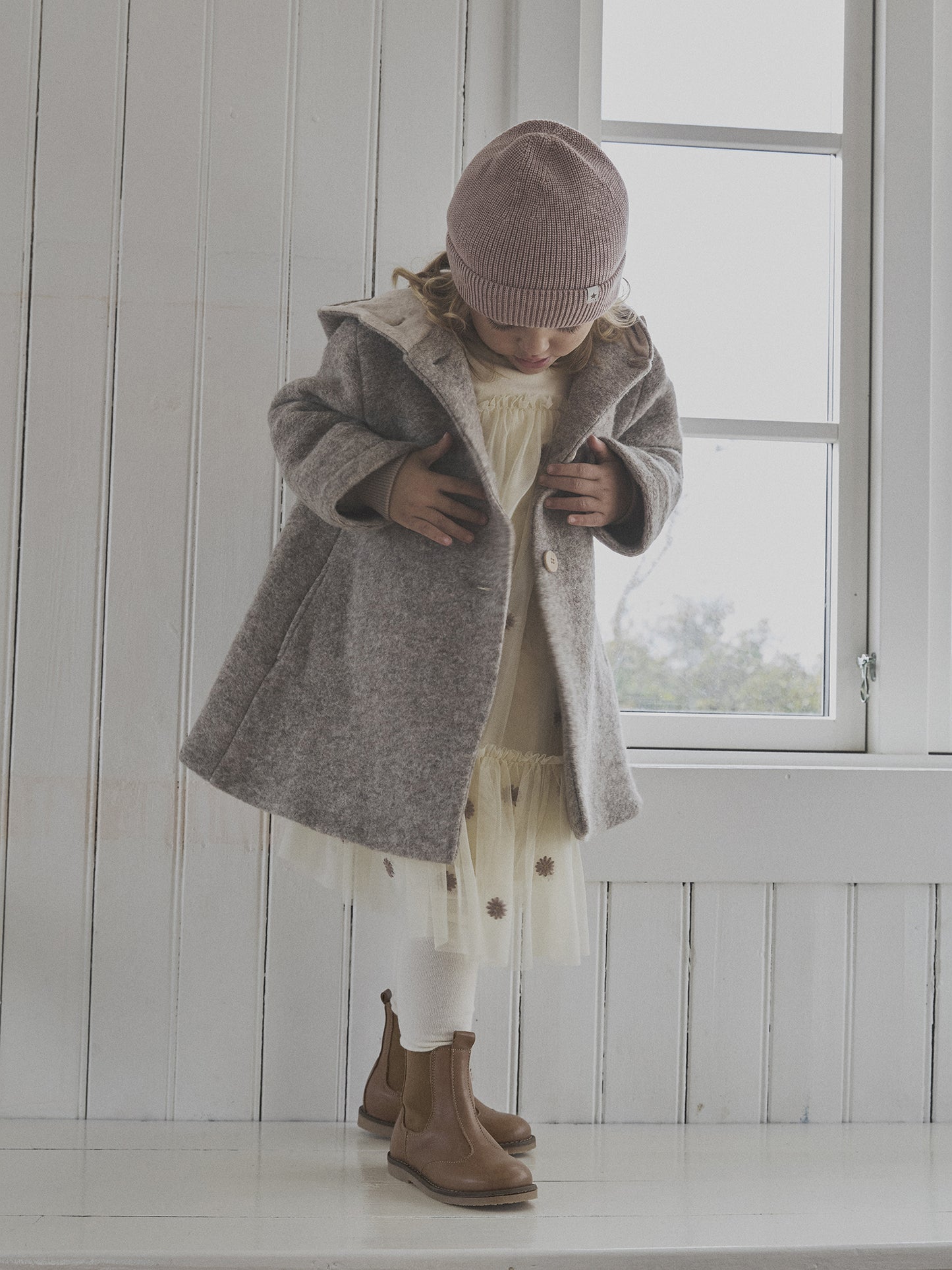 Wollen jas met capuchon - Merino wol - Camel/grijs - Huttelihut
