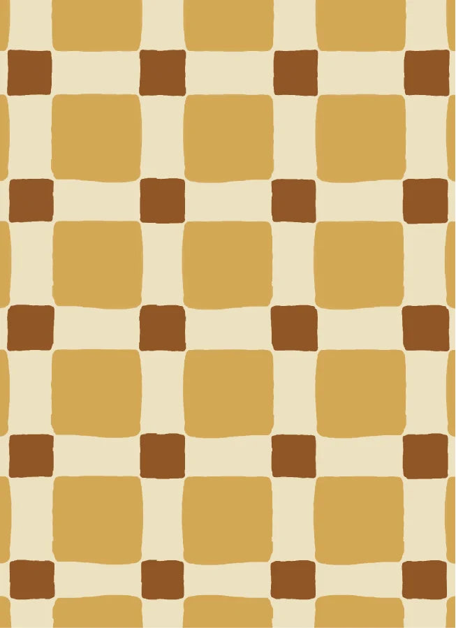 Geblokt Quilt Okergeel – Atelier Chien : détail du motif du papier peint.
