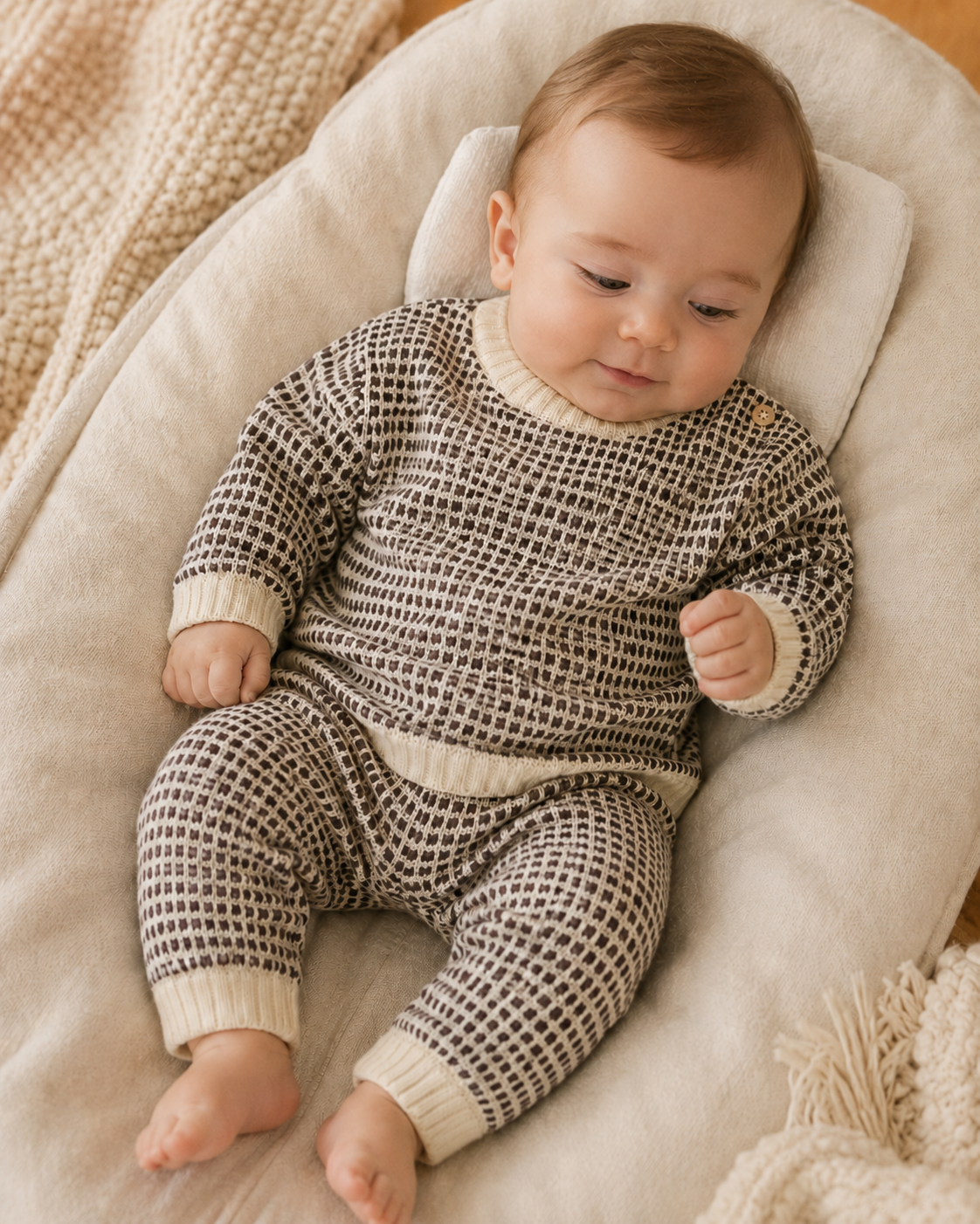 Gebreid broekje Pyke - Two Tone Knit Chocolate Brown - 100% biologisch katoen - Riffle Amsterdam - sfeerbeeld met baby