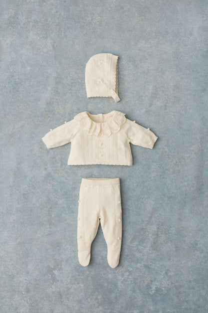 Babyset Bliss met trui, broekje en mutsje - Katoen & zijde - Cream - Louise Misha