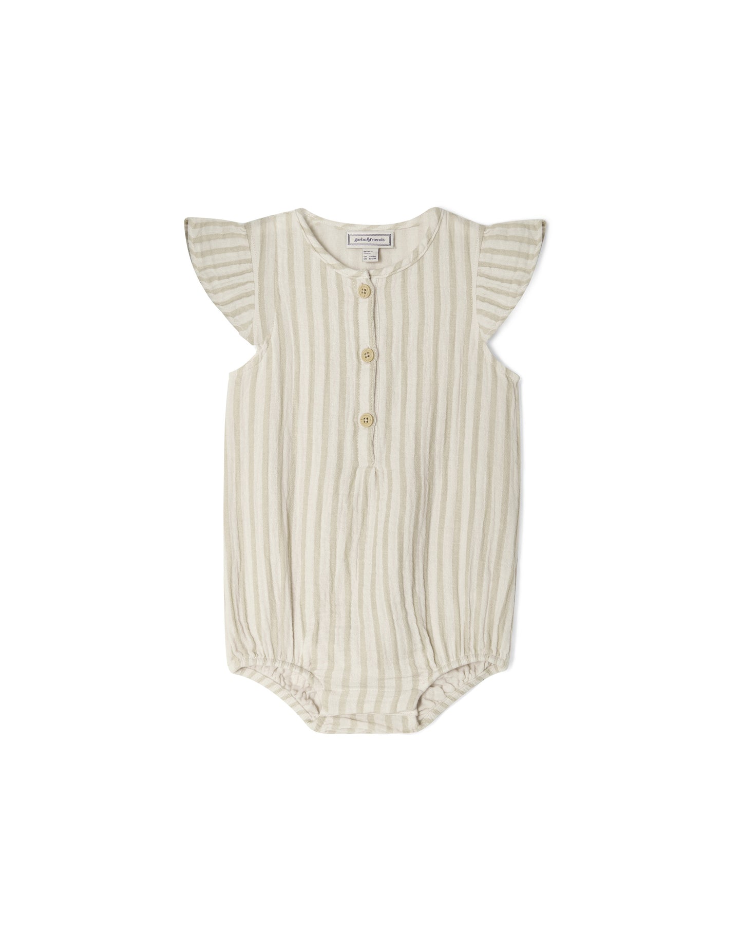 Garbo&Friends - Muslin Frill Romper Stripe Pebble - 100% katoen - voorkant