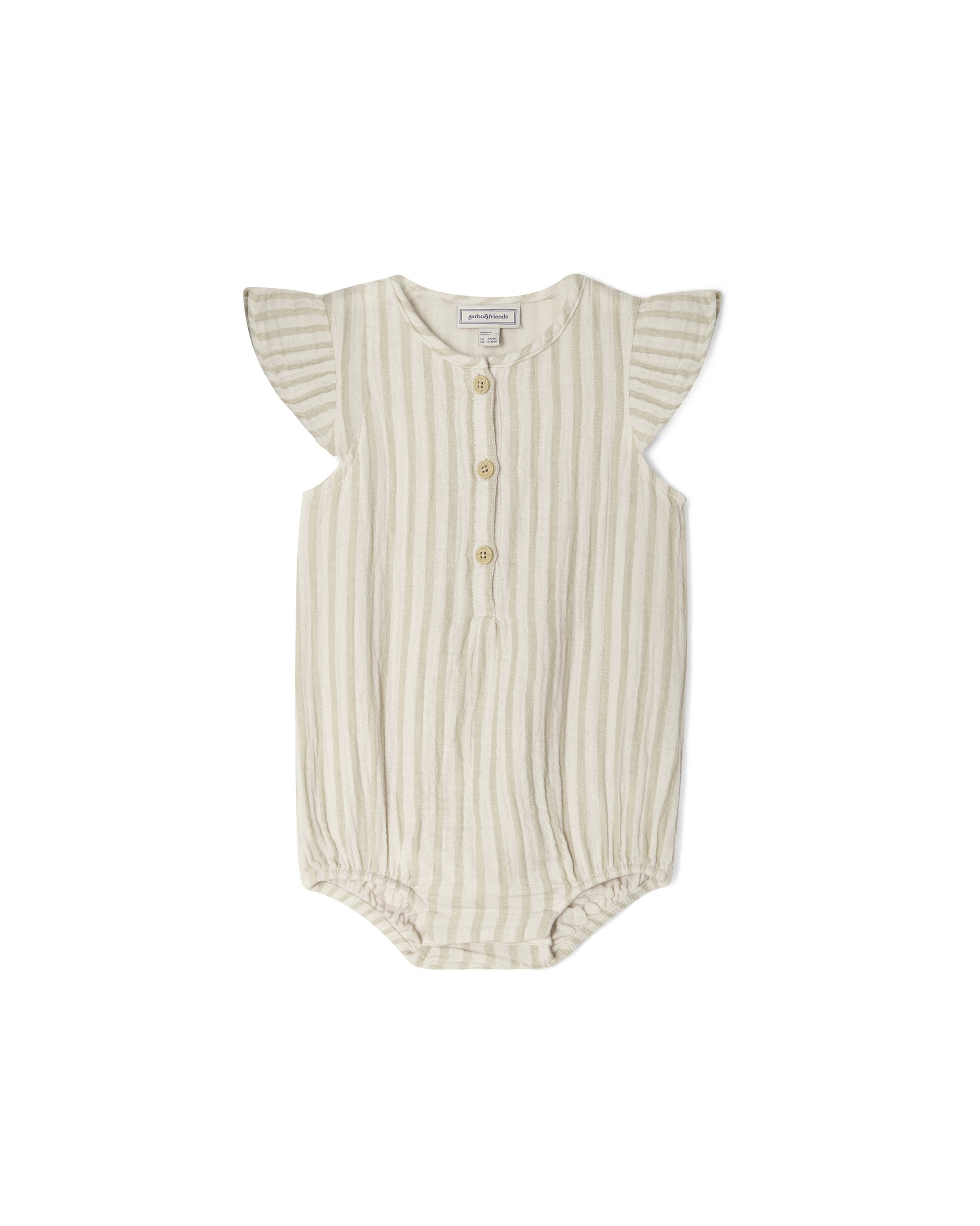 Garbo&Friends - Muslin Frill Romper Stripe Pebble - 100% katoen - voorkant