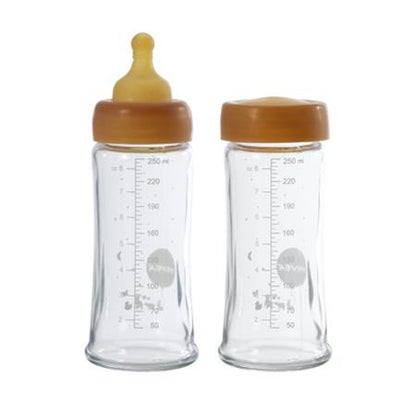HEVEA - Wide Neck Baby Glass Bottle & Cup - Babyfles en beker - 100% plasticvrij - 2 flessen