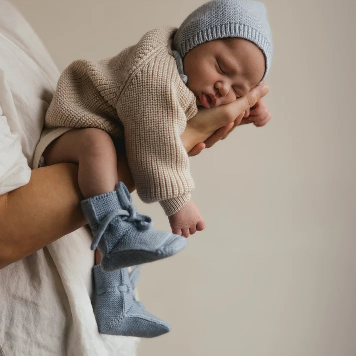 Bonnet - Baby Strikmutsje - Sky/licht blauw - Merinowol - HVID