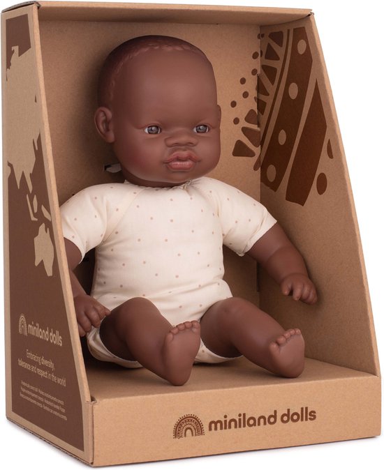 Miniland - Babypop afrikaans met zacht lijfje - 32 cm -100% ftalaat vrij vinyl - in doos