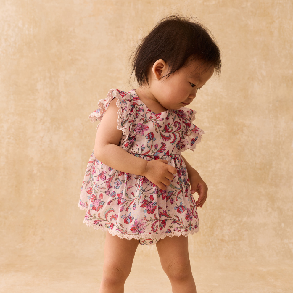 Lena Romper Dress - Organic Cotton - Cream Floral Haven - Louise Misha