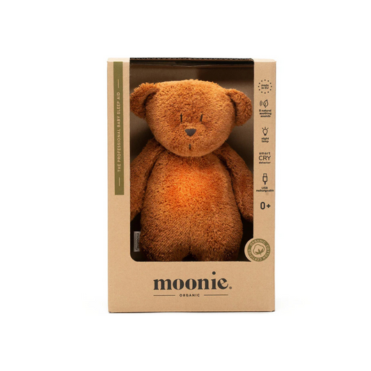 Knuffel met geluid - The Humming Bear 2.0 - Caramel - Moonie - product foto in verpakking