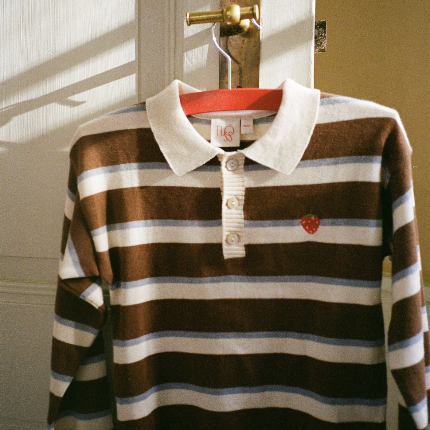 Gebreide polo sweater Elias – Coffee/Air Stripe – 100% katoen – Flöss