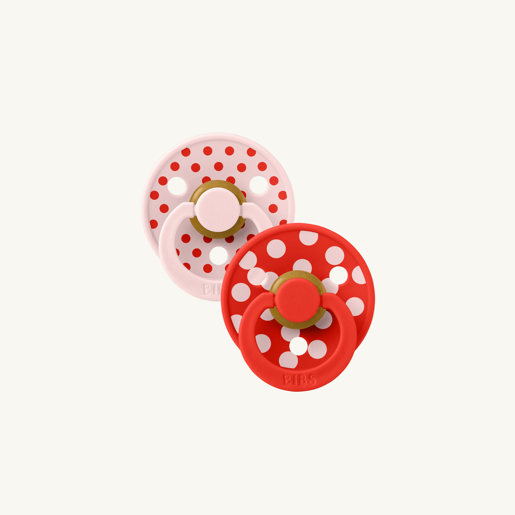 STUDIO Colour fopspenen duopack Polka - Blossom/Candy Apple - Anatomisch - Natuurlijk rubberlatex - BIBS - verpakking