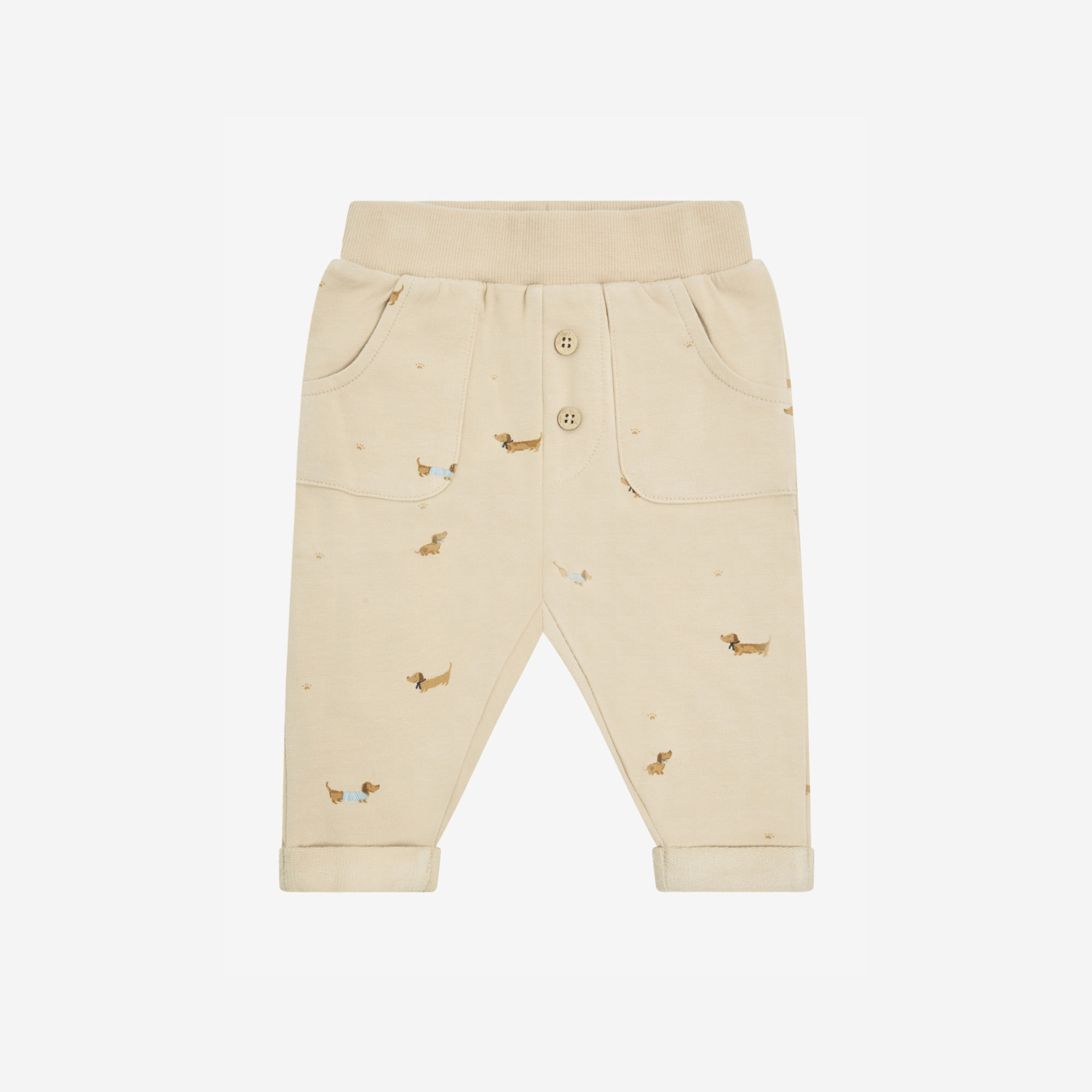 Sweatbroekje - Humus - Beige met teckel print - Fixoni - voorkant