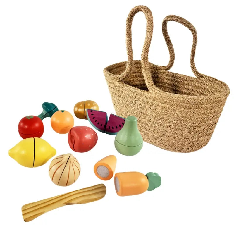 Houten Fruit- en Groenteset – 8-delige speelset met jute mandje – Egmont Toys