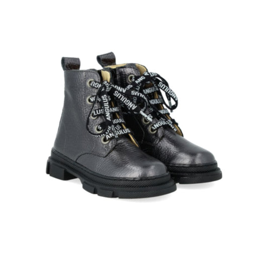 Chunky veterlaars - Leer - Glans zwart - Angulus voorkant