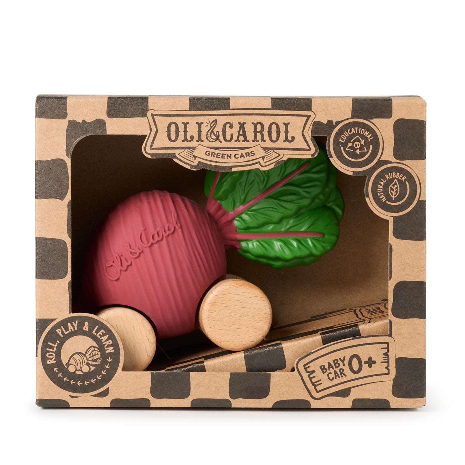 Speelgoedauto Betty the Beetroot met garage & racebaan - Natuurrubber & FSC-hout - Oli & Carol - verpakking - afbeelding 2
