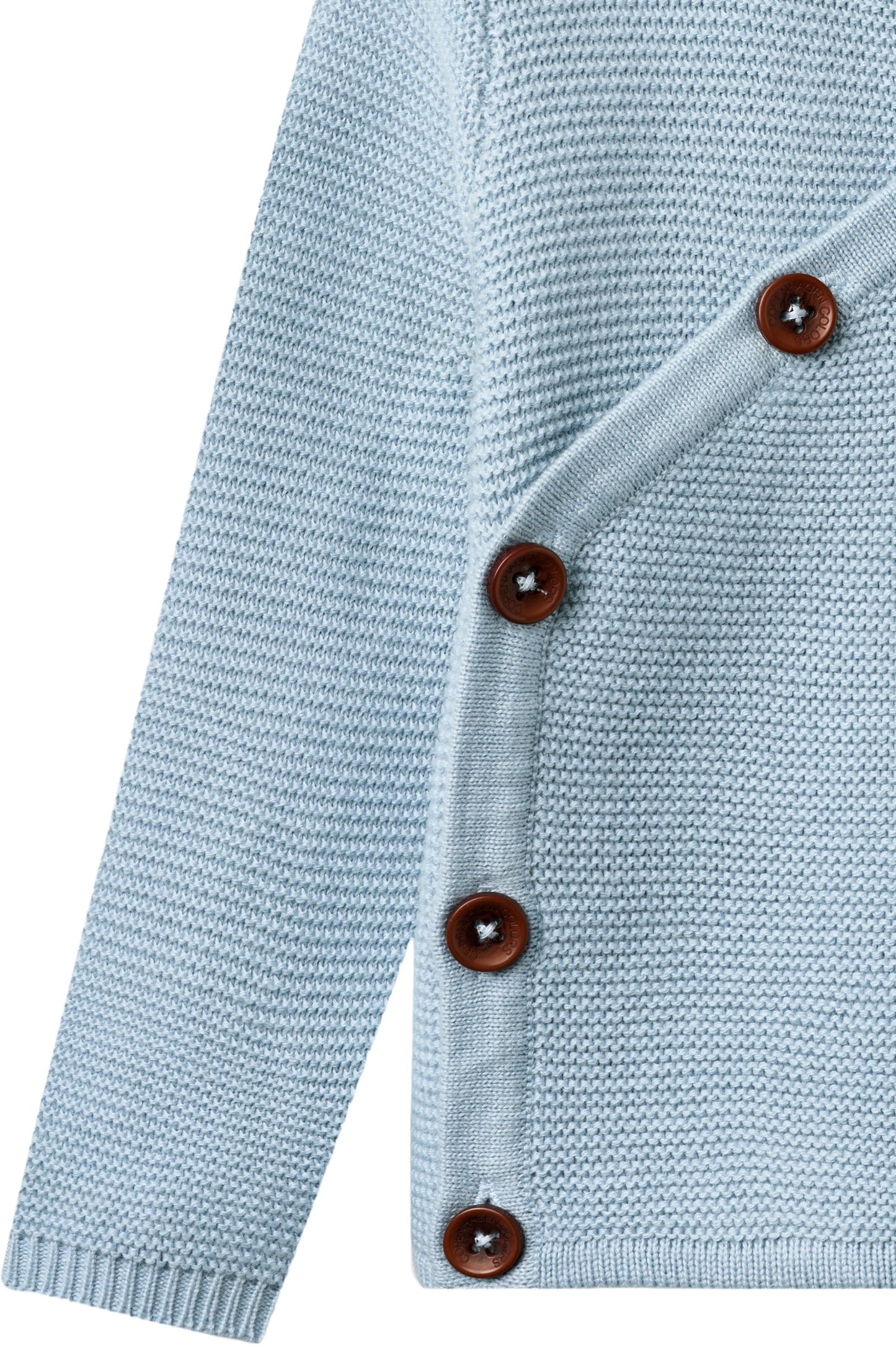 Gebreid baby vestje - Biologisch katoen - Blauw/Soft Blue - Copenhagen Colors - close up