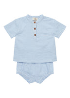 Top en broekje set - Seersucker Baby Set - Biologisch katoen - Blauw/wit gestreept - Copenhagen Colors voor