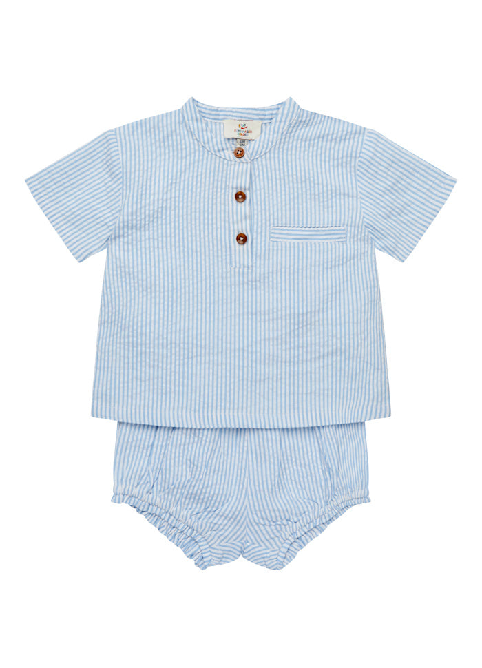 Top en broekje set - Seersucker Baby Set - Biologisch katoen - Blauw/wit gestreept - Copenhagen Colors voor