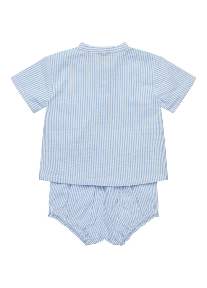 Top en broekje set - Seersucker Baby Set - Biologisch katoen - Blauw/wit gestreept - Copenhagen Colors achterkant