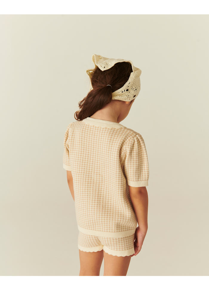 Kort gebreid broekje - Jacquard Beige Check - Katoen - Copenhagen Colors achterkant model 