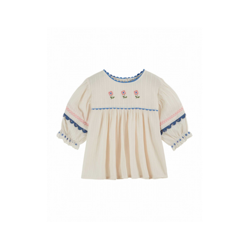 Top korte mouw - Blouse Brodee - Biologisch katoen - Creme - Emile et Ida voor