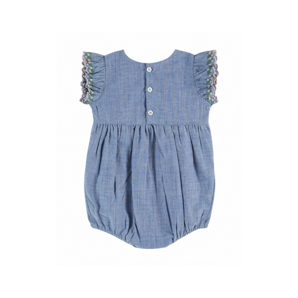 Romper Brode Smock - Katoen - Denim Chambray/Blauw - Emile et Ida achter