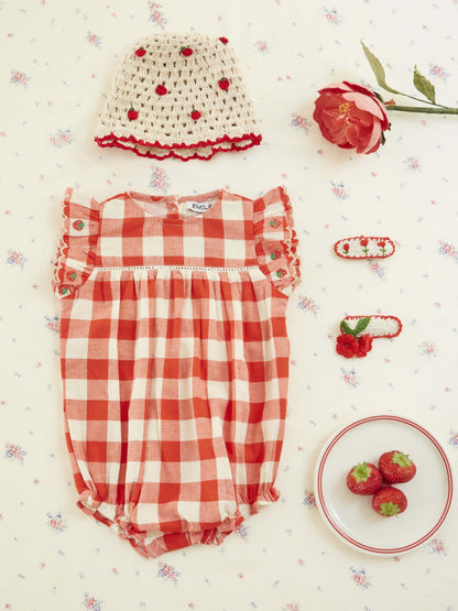 Romper korte mouw - Brode fraises - Biologisch katoen - Vichy rood - Emile et Ida set