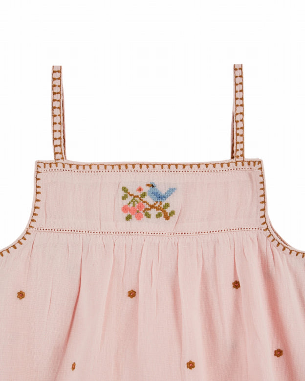 Hemdje - Top Bretelles Brode Fleurs - Biologisch katoen - Roze/Macaron - Emile et Ida close up