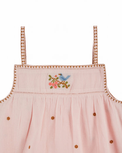 Hemdje - Top Bretelles Brode Fleurs - Biologisch katoen - Roze/Macaron - Emile et Ida close up