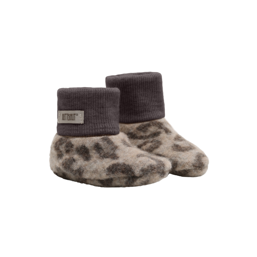 Baby slofjes - Merino wol fleece 2-laags - HUTTEliHUT panterprint camel melange