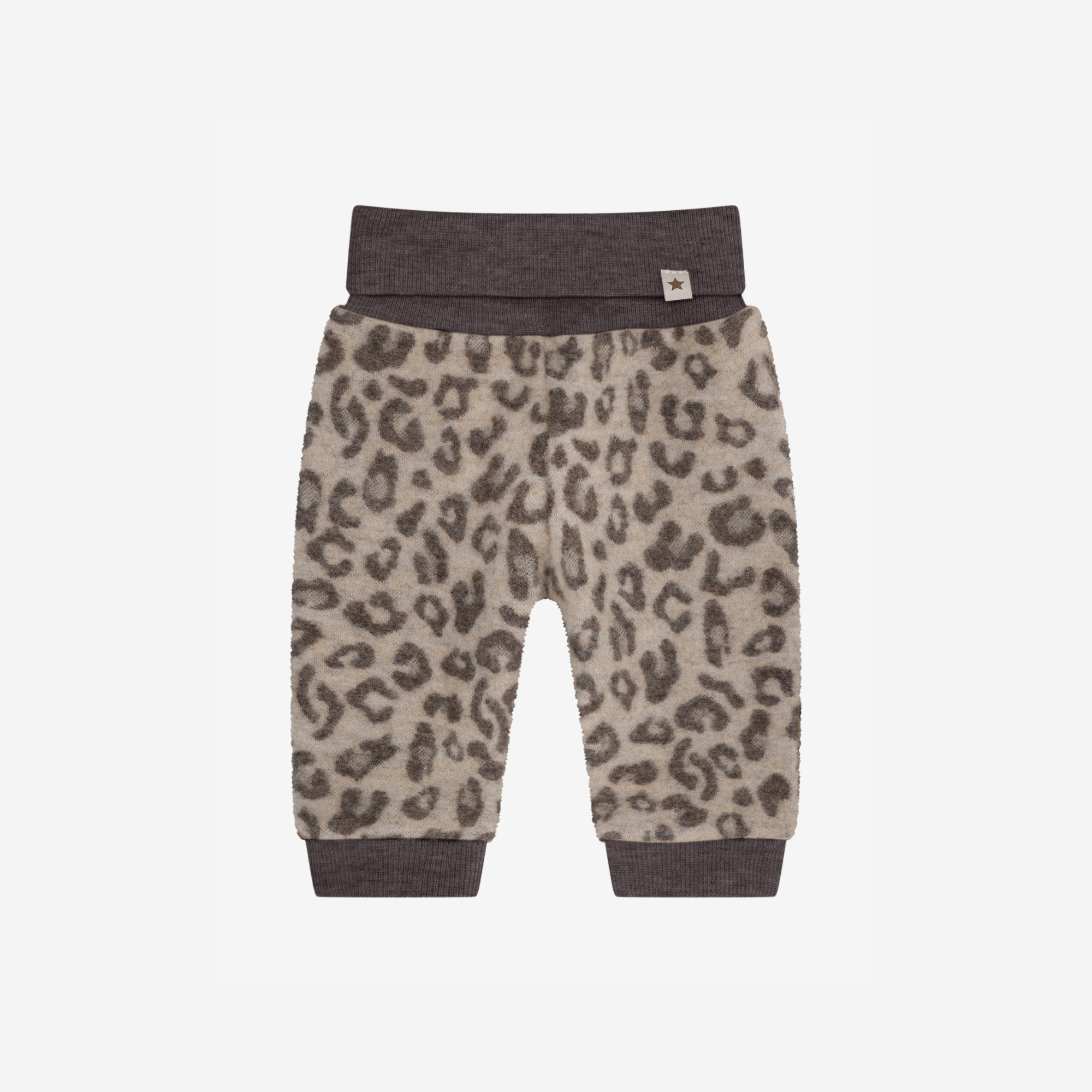 Broekje wol fleece - 100% merino wol - HUTTEliHUT panterprint camel melange jaquard voorkant