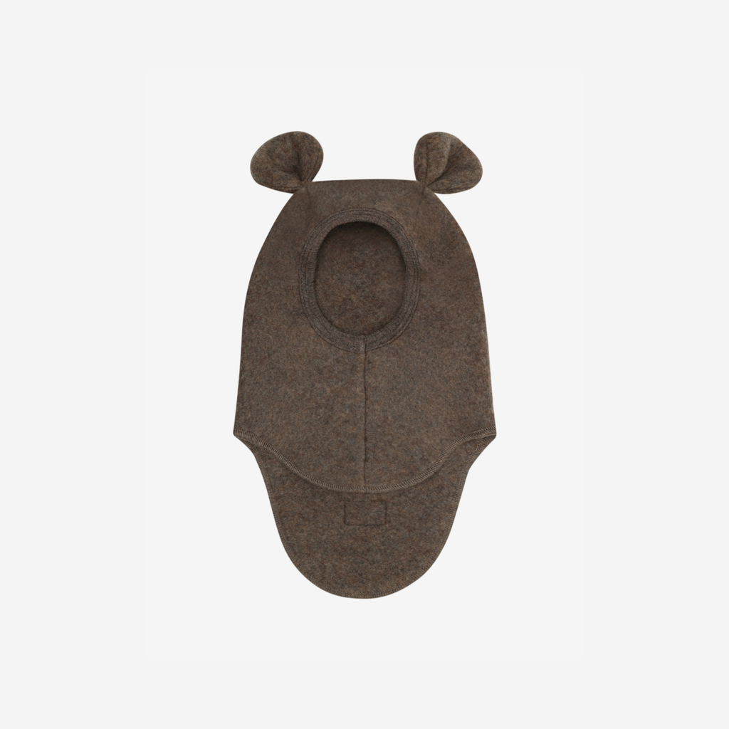 Balaclava met berenoren - Merino wol fleece - Brown Melange - HUTTEliHUT voorkant