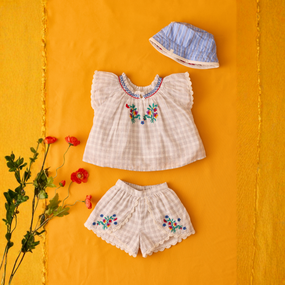 Baby set Perlane - Top & bloomer - Biologisch katoen - Cream Cruise Checks - Louise Misha foto