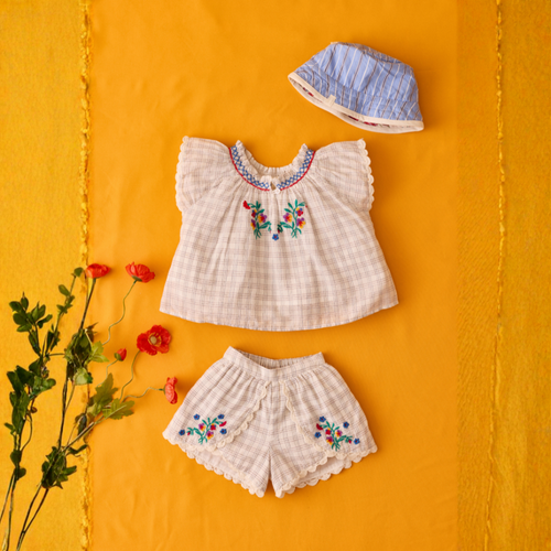 Baby set Perlane - Top & bloomer - Biologisch katoen - Cream Cruise Checks - Louise Misha foto