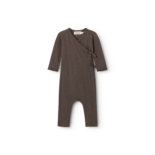 Combinaison douce en laine mérinos pointelle MarMar Copenhagen Piva pour bébé, thermorégulatrice et anti-démangeaisons, terre marron foncé