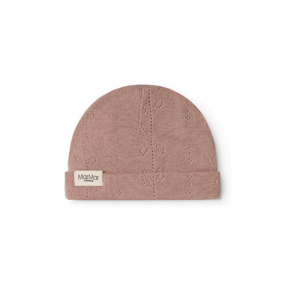 Zacht MarMar Copenhagen Piva pointelle merinowol mutsje voor baby thermoregulerend en kriebelvrij burnt rose roze