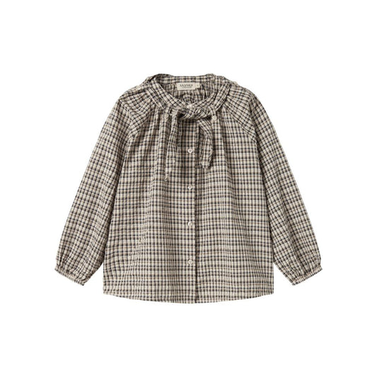 Blouse top Takari scarf - Biologisch katoen - Pilot Navy Check - Marmar Copenhagen voorkant