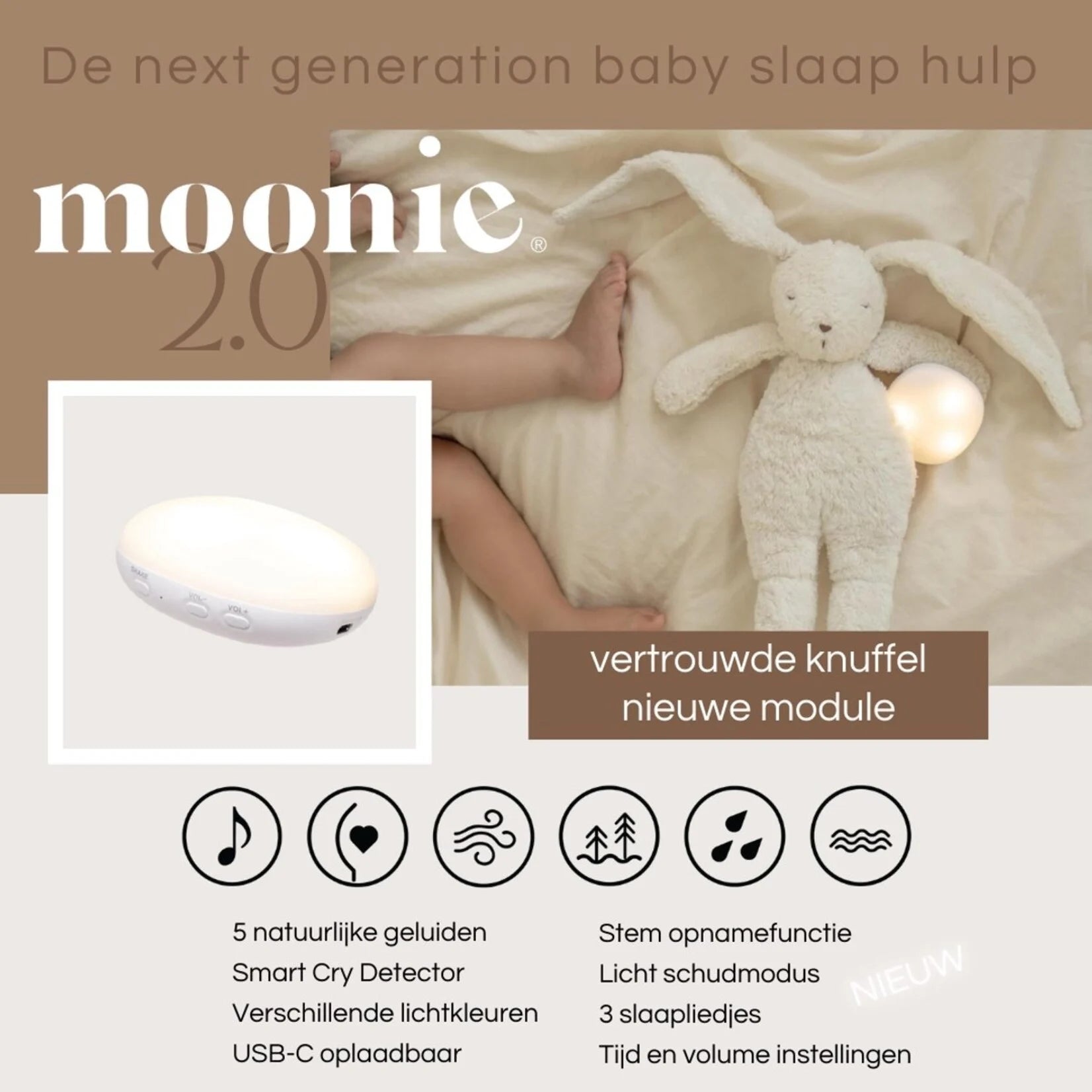 Knuffelkonijn met hartslag & white noise - The Humming Bunny 2.0 - Biologisch GOTS katoen - Moonie - productfoto - afbeelding 5
