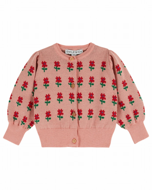 Vestje met bloemetjes - Cardigan Fleur - Biologisch katoen - Roze - Emile et Ida - productfoto