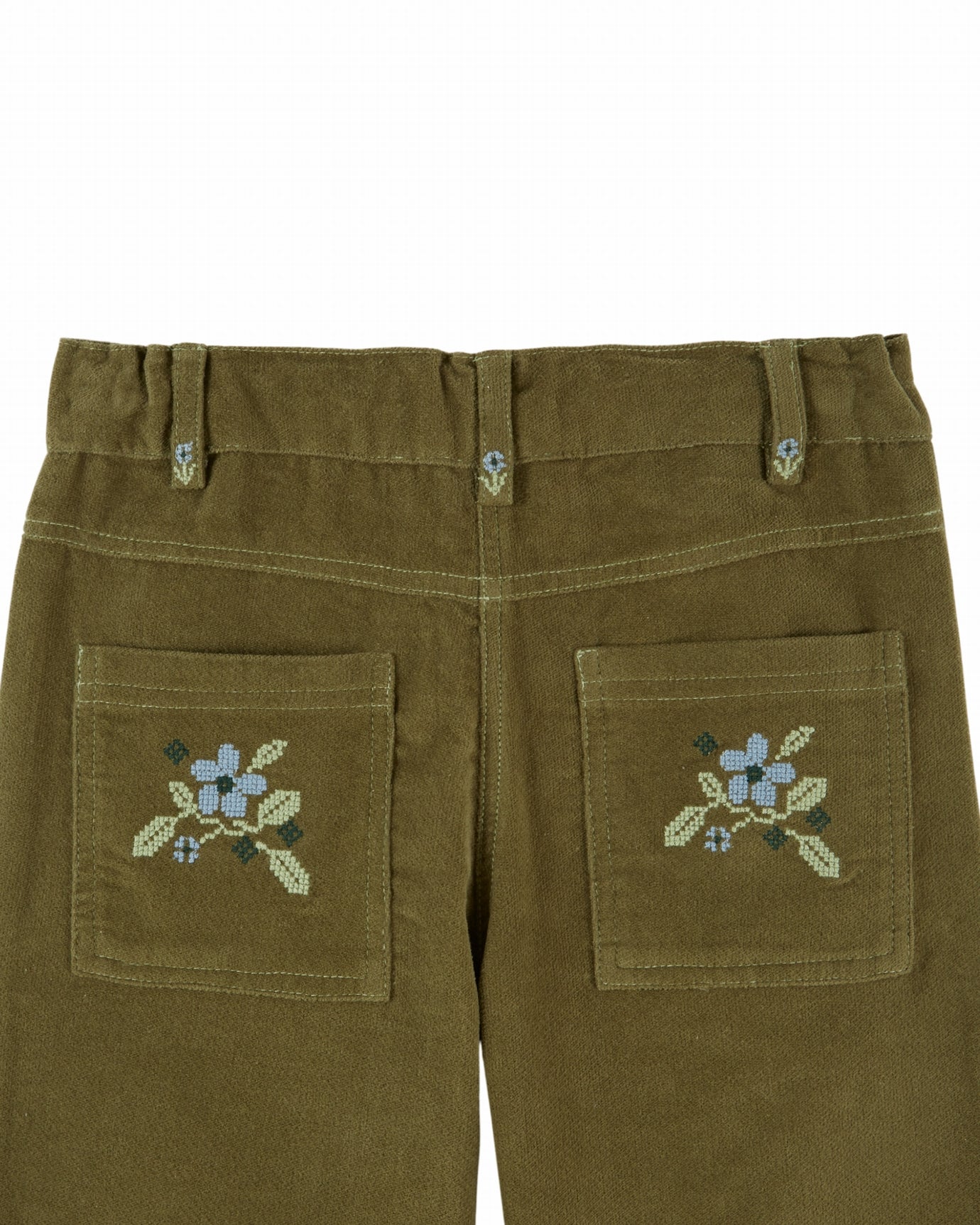 Velours broek met bloemenborduursel – Pistache/groen – Emile et Ida