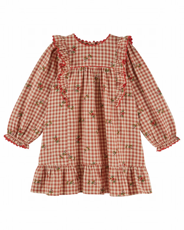 Geruit jurkje met bloemenborduursel - Roodbruin - Robe Vichy Volant/Broderie - Emile et Ida - productfoto - afbeelding 4