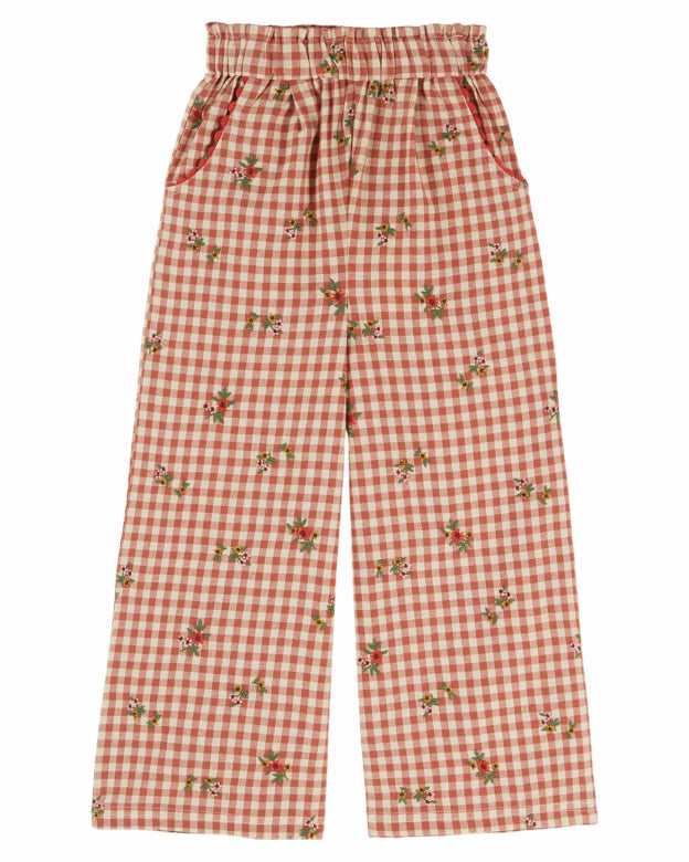 Wijde broek met ruitprint en bloemenborduursel - Emile et Ida - productfoto