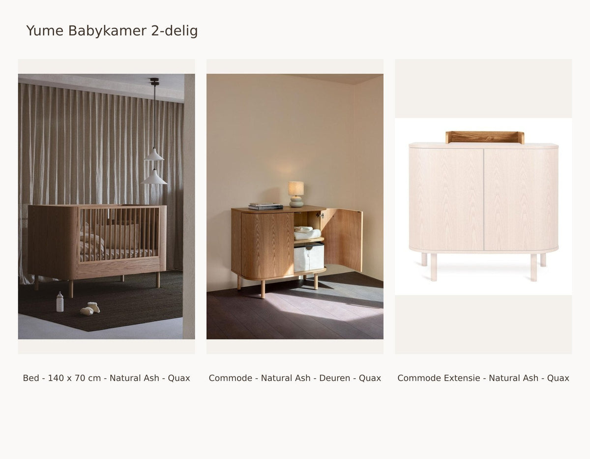 Quax Yume Chambre bébé 2 pièces – Natural Ash – 140 × 70 – Commode portes – avec extension de commode – avec barrière de sécurité et kit junior : ensemble avec Lit - 140 x 70 cm - Natural Ash - Quax, Commode - Natural Ash - Portes - Quax, Extension de commode - Natural Ash - Quax.