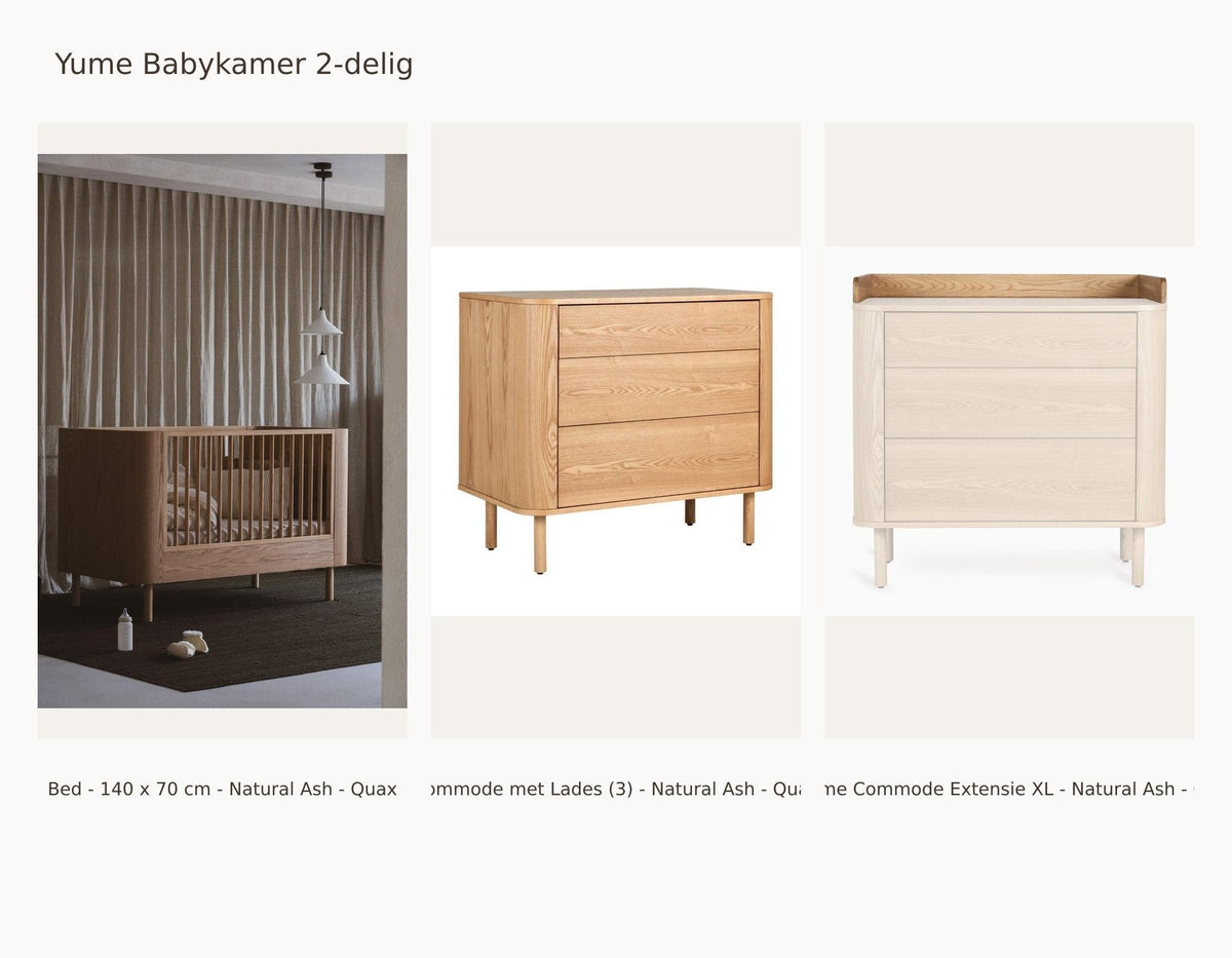 Quax Yume Babyzimmer 2-teilig – Natural Ash – 140 × 70 – Wickelkommode mit Schubladen – mit XL-Verlängerung – mit Rausfallschutz und Junior-Kit: Set mit Bett - 140 x 70 cm - Natural Ash - Quax, Kommode mit Schubladen (3) - Natural Ash - Quax, & Yume Wickelaufsatz XL - Natural Ash - Quax.