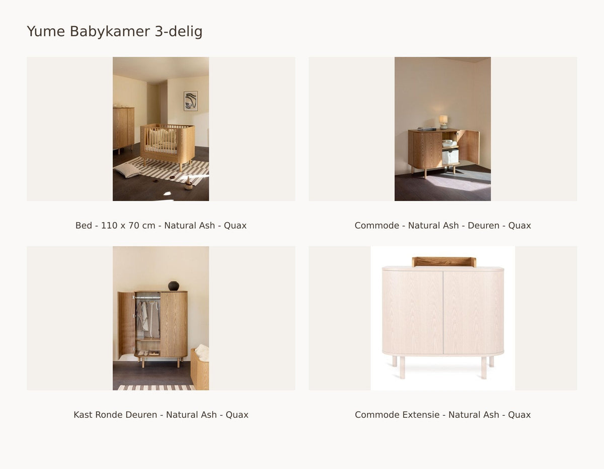 Quax Yume Babyzimmer 3-teilig – Natural Ash – 110 × 70 – Kommode Türen – Kleiderschrank runde Türen – mit Wickelaufsatz: Set mit Bett - 110 x 70 cm - Natural Ash - Quax, Kommode - Natural Ash - Türen - Quax, Schrank Runde Türen - Natural Ash - Quax, Wickelaufsatz - Natural Ash - Quax.