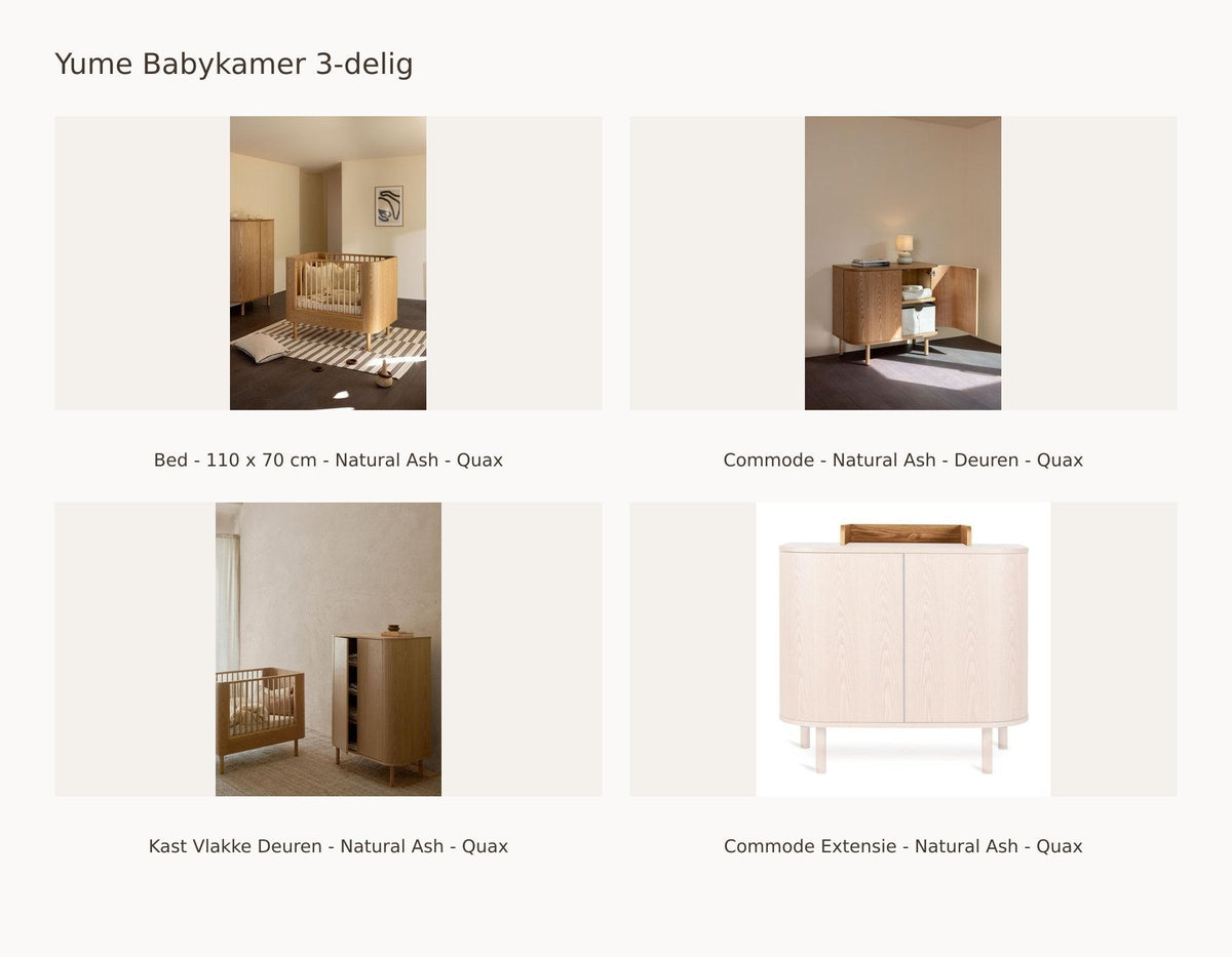 Quax Yume Babyzimmer 3-teilig – Natural Ash – 110 × 70 – Kommodentüren – Kleiderschrank mit glatten Türen – mit Wickelaufsatz: Set mit Bett – 110 x 70 cm – Natural Ash – Quax, Kommode – Natural Ash – Türen – Quax, Schrank mit glatten Türen – Natural Ash – Quax, Wickelaufsatz – Natural Ash – Quax.